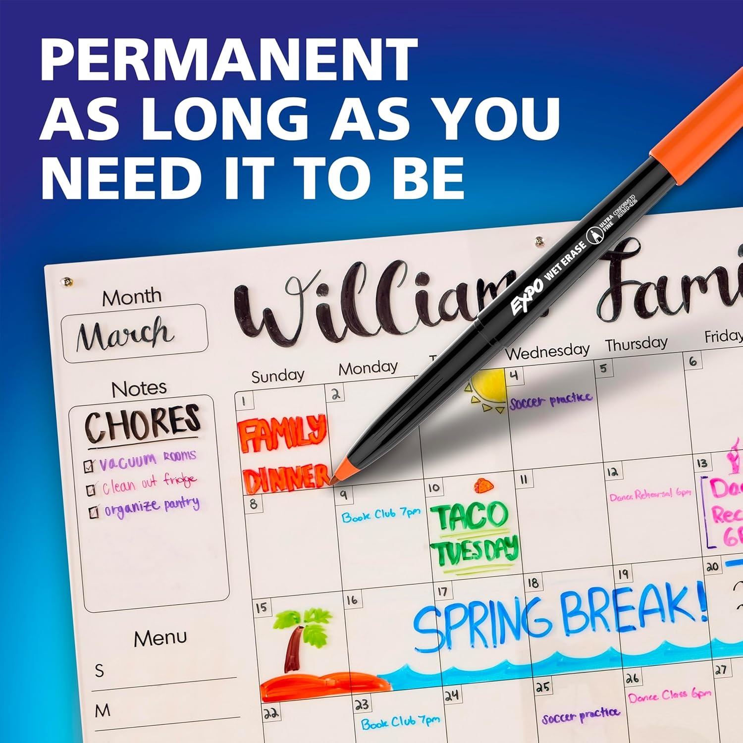 image:imageEXPO Wet Erase Markers SemiPermanent Blue Ultra Fine Tip 12 Count For Writing on Glass Whiteboards Mirrors Calendar Labeling Organizing