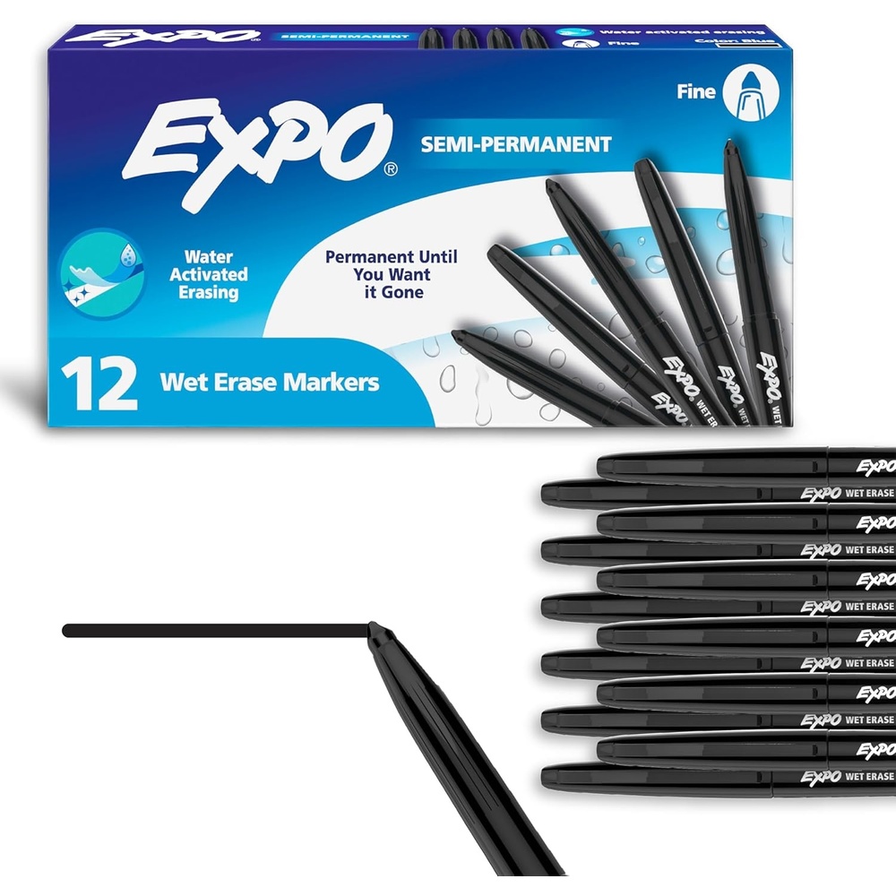 image:imageEXPO Wet Erase Markers SemiPermanent Black Fine Tip 12 Count For Writing on Glass Whiteboards Mirrors Calendar Labeling Organizing