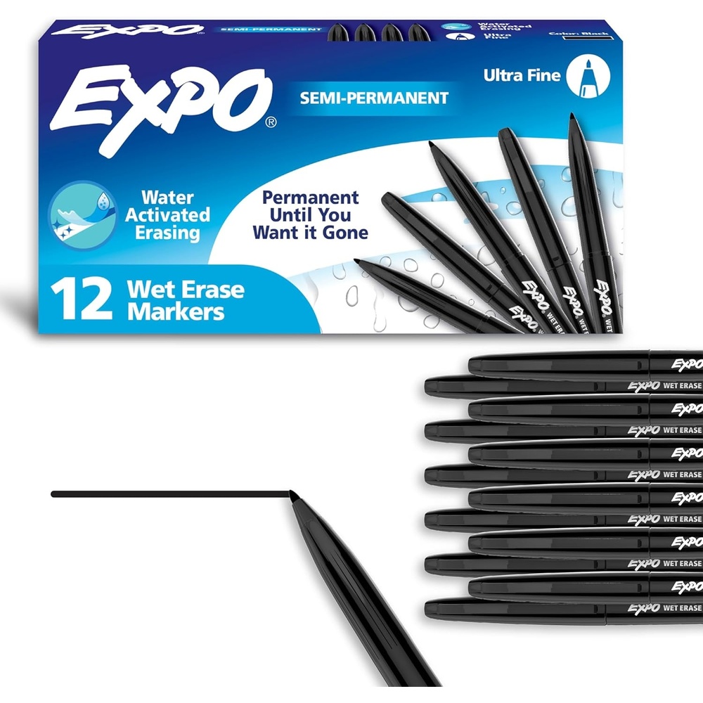image:imageEXPO Wet Erase Markers SemiPermanent Black Ultra Fine Tip 12 Count For Writing on Glass Whiteboards Mirrors Calendar Labeling Organizing