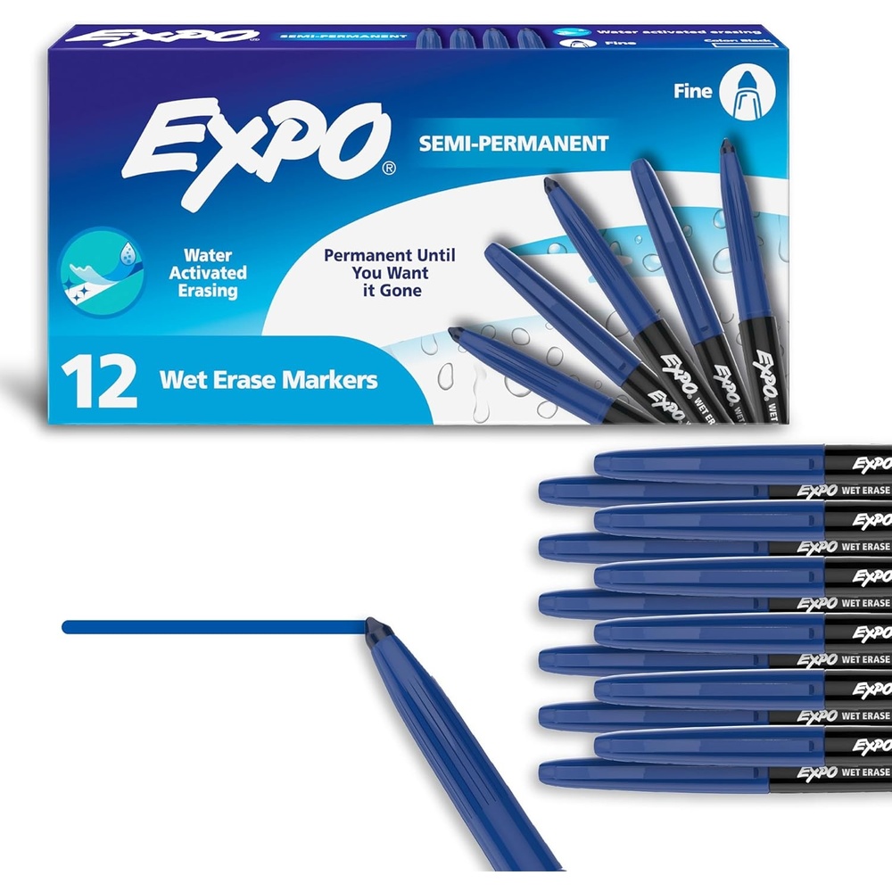 image:imageEXPO Wet Erase Markers SemiPermanent Blue Fine Tip 12 Count For Writing on Glass Whiteboards Mirrors Calendar Labeling Organizing