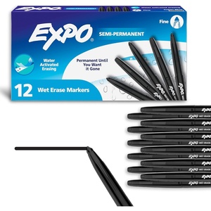 image:imageEXPO Wet Erase Markers SemiPermanent Black Fine Tip 12 Count  For Writing on Glass Whiteboards Mirrors Calendar Labeling Organizing