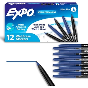 image:imageEXPO Wet Erase Markers SemiPermanent Blue Ultra Fine Tip 12 Count  For Writing on Glass Whiteboards Mirrors Calendar Labeling Organizing