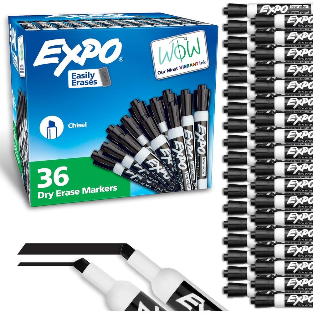 image:imageEXPO Dry Erase Markers Chisel Tip Black LowOdor Perfect for Whiteboards NonPorous Surfaces amp Home Offices Pack of 1 36 Count TotalChisel