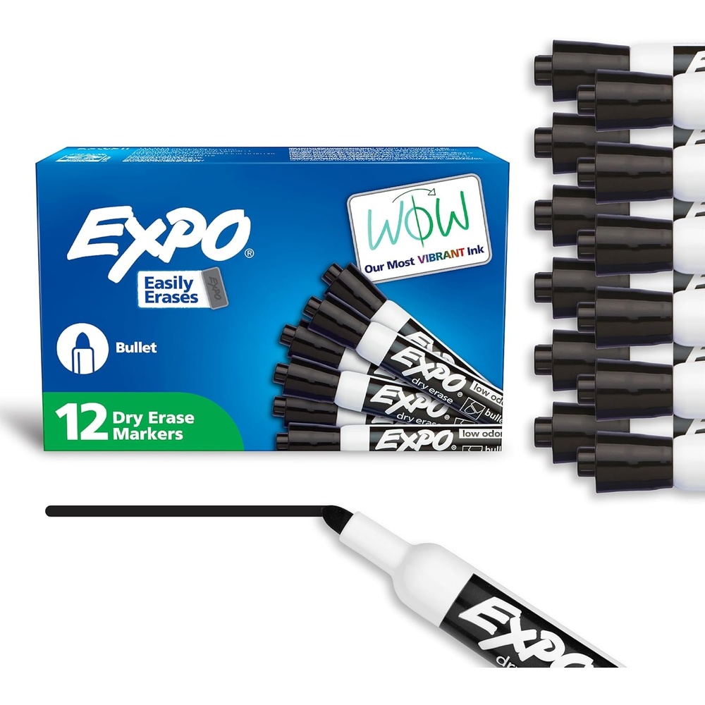 image:imageEXPO Dry Erase Markers Low Odor Ink Black Bullet Tip 12 Count Whiteboard Calendar Organization Essential Supplies for Office School Classroom Teachers12Count Pack of 12