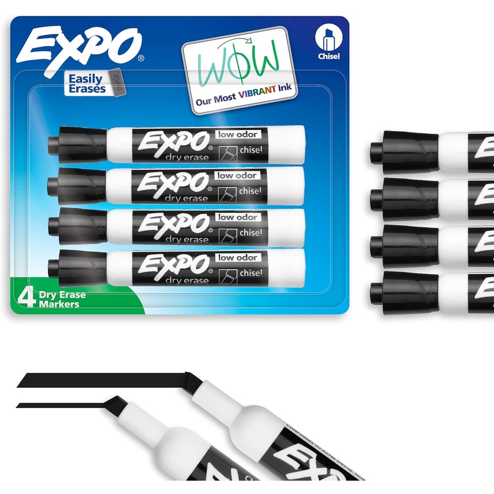 image:imageEXPO Dry Erase Markers Low Odor Ink Black Chisel Tip 4 Count Whiteboard Calendar Organization Essential Supplies for Office School Classroom Teachers